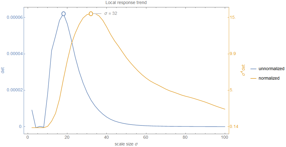Determinant response over different scale levels with and without scale normalization